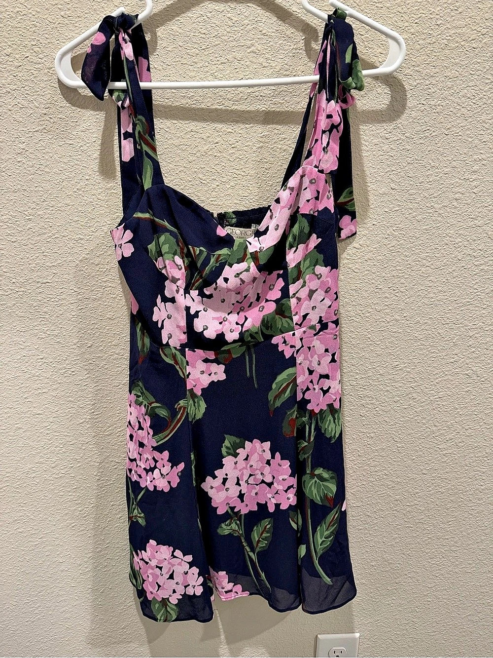 Georgie NWT Navy Lilac Floral Hydrangea Tie Shoulder Dress XS MSRP $148
